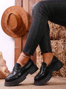 Women's Shoes, Women's Platform Flats, New Slip-On Loafers, Black Thick-Soled British Style Flats, Versatile Casual Flats, Retro Shallow Thick-Soled Women's Flats, Round Toe Non-Tiring Women's Flats - Black - View 2