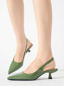 Women's Solid Color Pointed Toe Backstrap Kitten Heel Slingback Mules, Minimalist & Comfortable, Suitable For Everyday, Commute, Formal Occasions, Low Heel, PU Green Work Shoes, Autumn/Winter - Green - View 5