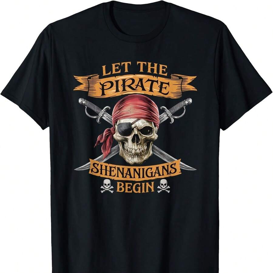 Halloween T-Shirt With Skull And The Text "Let The Pirate Mischief Begin" 220G Basic Premium Cotton For Men, 220g Of Exceptional Comfort. Designed For All Body Types, Regardless Of Gender. High-Quality, Durable Fabric, Versatile For Any Outfit, Soft Yet Long-Lasting. Breathable Women's T-Shirts, Autumn Sets, Travel Outfit, Feminine Themed Costumes. - 黑色 - 查看 1
