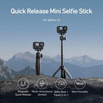 TELESIN 40cm/15.7'' Mini Selfie Stick Tripod Compatible With Gopro 13 Action Camera, Magnetic Quick Release Selfie Handle Grip,360° Adjustable Portable Extension Monopod For Shooting Video Accessories