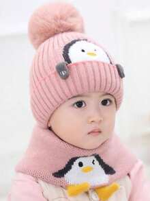 2pcs/Set Penguin Kids Thermal Lined Beanie Hat & Scarf Set, Warm Baby Winter Knit Cap - 1PC - View 8
