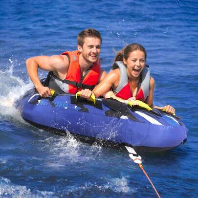 Towable Tube For Boating, 1-2 Riders Inflatable Boat Tubes And Towables, 340 Lbs, 51.8" Round Water Sport Towable Tube For Boat To Pull, Full Nylon Cover, EVA Grab Handles And Speed Safety Valve