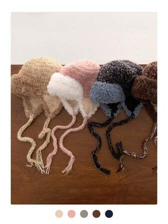 Tofsade flätor färgblock termofodrad stickad trapperhatt för kvinnor, höst/vinter mångsidig varm hörselskyddande mössa