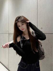 新款女士露肩灰色打底衫，甜美性感蝴蝶结露肩叠穿上衣，女士秋季服装 - 黑色 - 查看 8