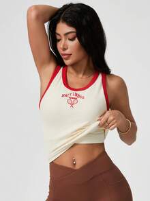Leorrey 1件女款時尚甜美對比色無袖圓領羅紋字母印花網球運動背心 - 白色 - 查看 5