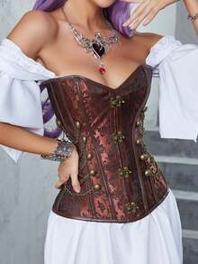 Áo corset phong cách Steampunk cổ điển mới của Luna Muse dành cho nữ, điểm nhấn là dây xích kim loại màu nâu đậm, thiết kế ôm sát gợi cảm, áo hai dây croptop, kiểu dáng cao cấp thanh lịch, phù hợp cho mặc hàng ngày, dạo phố, dự tiệc, hẹn hò, biểu diễn, hoạt động ngoài trời, đi học, phong cách punk, Lễ Tạ ơn, lễ hội âm nhạc, năm mới, tiệc tùng. - Cà phê nâu - Xem 2