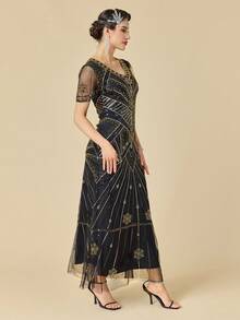 女士复古20年代V领亮片串珠晚礼服，适合婚礼穿着 - 金色 - 查看 6