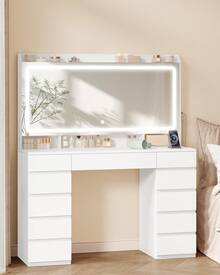 Hzuaneri Große Schminktisch mit Große HD-Spiegel , Schminktisch mit LED-Beleuchtung , 3 Farben, Einstellbare Helligkeit , Frisiertisch mit 11 Schubladen, 3 Ablagefächern und 1 Oberen Regal, Schminktische Fürs Schlafzimmer, Weiß