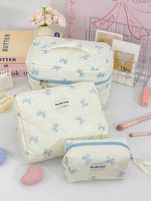 1 件米色底蓝色蝴蝶结便携式旅行绗缝包，适合返校季、万圣节等场合，可作化妆包使用。时尚休闲大容量便携拉链化妆包，旅行文具收纳包，度假必备化妆包，可收纳耳机、充电器、口红、化妆品、香水、护肤品和美容产品，家居装饰，适合妈妈、护士、学生、女学生、钥匙等，节日礼物，化妆包，旅行必备 - 藍色 - 查看 1