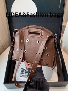 New Fashion Women's Oblique Shoulder Bag, Solid Color Minimalist Tassel High-End PU Rivet Hollow Out Decor Chic Elegant, Can Be Worn As Shoulder Or Handbag, Suitable For Dating, Shopping, Versatile And Exquisite