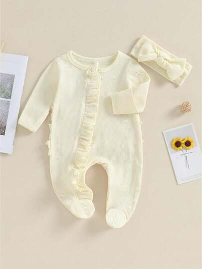 Infant Girl Footies Rompers Solid Color Frills Crew Neck Long Sleeve Baby Jumpsuits Newborn Clothes Bodysuits With Headband