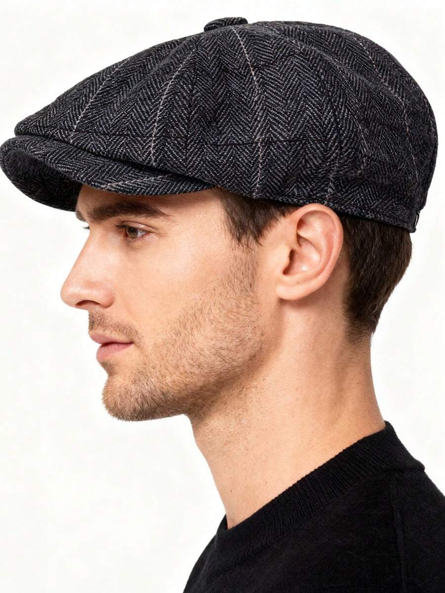 1pc Herringbone Tweed Newsboy Cap, Men's Fashion Hat, Retro Headwear, Suitable For Autumn/Winter Daily Wear, British Academic Style, Octagonal Cap, Gift Option - Multicolor - View 1