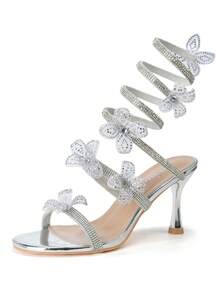 RevReaL Strass Blumen Schnürsandalen mit Absatz Strandschnalle Strass - Silber - View 2