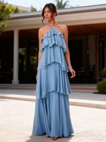 Halter Maxi Dress With Layered Ruffles And An Open Back Neckline. - 淺藍色 - 查看 4