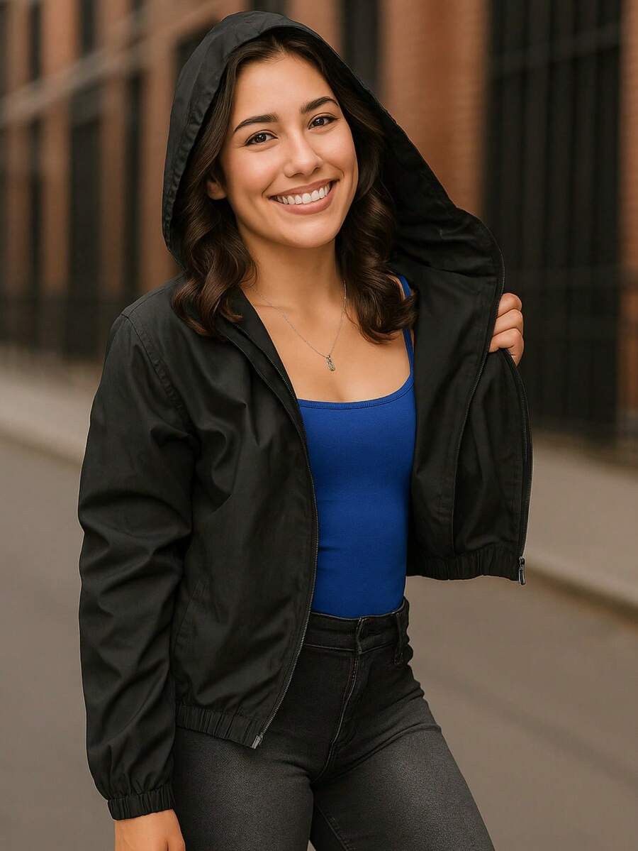 Chaqueta Cortavientos Bomber Informal con Capucha Peluche Interno para Mujer ligera de Manga Larga, con Cremallera y Bolsillos, Dobladillo Regular Moda - Negro - Ver 1