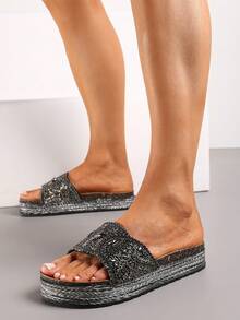 Sandales plateforme ornées de style bohème - Chaussures décontractées d'été/plage pour femmes - Noir - Voir 2