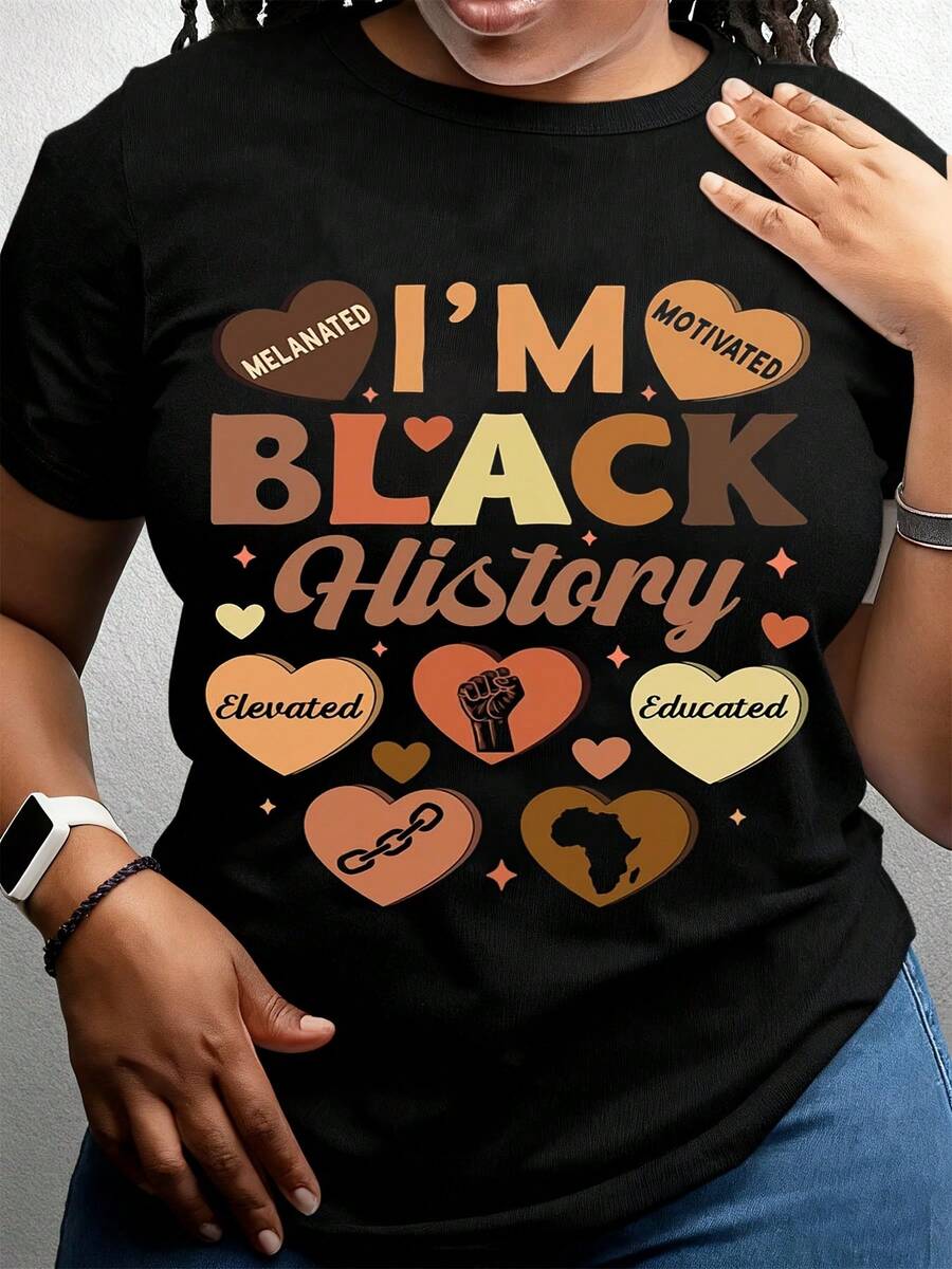 Women's Black History Graphic T-Shirt - Short Sleeve Crew Neck Casual Top With I'm Black History Design, Celebrating African American Heritage, Perfect For Spring & Summer - 黑色 - 查看 1