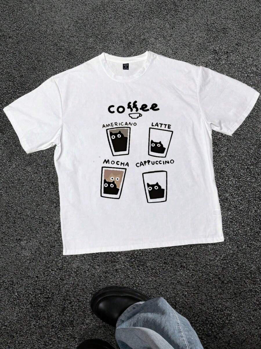 Camiseta café con gatos estilo cute, Camiseta casual de manga corta de algodón puro y suave, 220 gramos por metro cuadrado - Blanco - Ver 1