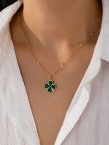 1件时尚独特精致四叶草吊坠项链，适合女性日常佩戴 - 綠色 - 查看 1