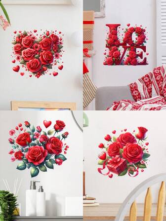 Heart-Shaped Rose Flower Wall Decals, Valentine's Day Love Wall Stickers, Removable Self-Adhesive Valentine Window Stickers, Romantic Wedding Anniversary Wall Art, Peel And Stick Murals For Living Room Bedroom Home Decor