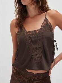 Womens Y2K Satin Side Tie Tank Tops Flower Embroidery Lace Trim Bohemia Cami Adjustable Spaghetti Strap Camisole Sleeveless V Neck Going Out Tops - 棕色 - 查看 1