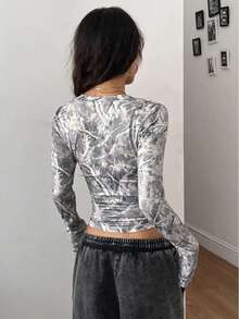 女士V领紧身迷彩印花性感低领修身长袖T恤上衣，秋冬季，欧美风格 - 淺灰色 - 查看 4