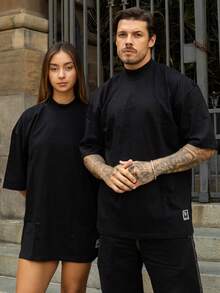 Men's Unisex Basic Plain Oversized Turtleneck T-Shirt - Black - View 3