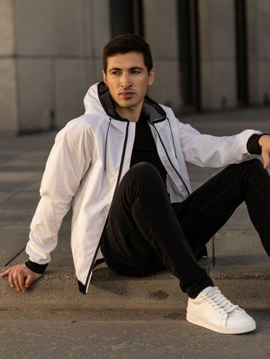 Unisex Windbreaker Jacket With Hood And Pocket, Suitable For Use In The Gym, Workouts, Running, And Light Work; Warm And Comfortable. - 黑白 - 查看 1