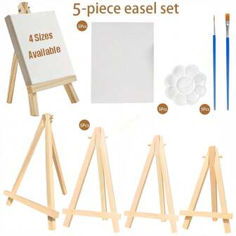 5 Pcs, Easel + Artboard + Palette + Brushes 5-Piece Set,,Mini Art Boards & Easels & Paint Brush,White Blank Mini Canvas Panels With Wooden Easels For Painting - Tabletop Art Display Set For Artists & Hobbyists ,Desktop Easel, Party Easel, Multi-Functional Desktop Art Stand, Suitable For Creative Project Activities, Display Easel Painting Support.