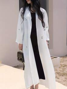 Middle Eastern Style Embroidered Abaya Robe, White Linen Fabric For Women - White - View 3