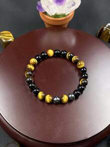 YAUKIA 1pc Men's Retro Style Tiger's Eye And Black Onyx Beaded Bracelet Good Luck And Wealth Symbolic Gift Bracelet For Friend - Multicolor - View 4