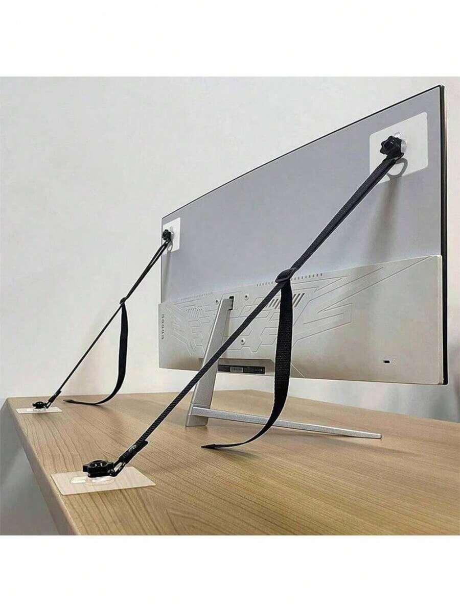 2条可调节电视安全带，无需钻孔的粘性防倾倒家具锚栓，用于保护儿童安全，将平板电视牢固地固定在墙上 - 彩色 - 查看 1