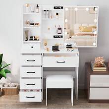 White Dressing Table & Drawers LED Mirror Stool Set Makeup Desk Vanity Modern - White - View 4