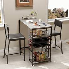 3 Pieces Bar Table Set, Metal Frame Dining Table And 2 Stools, Breakfast Dining Furniture Sets With Wine Racks And Open Shelves For Home Kitchen Pub Cafe - Grey - View 9