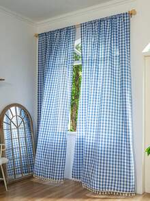 1pc American Country Style Minimalist Solid Color Plaid Pattern Curtain, Suitable For Bedroom, Living Room, Balcony - Multicolor - View 9