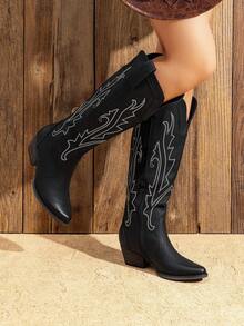 Womens Cowboy Cowgirl Knee High Boots Comfortable Pull-On Chunky Heel Embroidered Western Retro Tall Boots With Side Zipper - màu đen - Xem 1