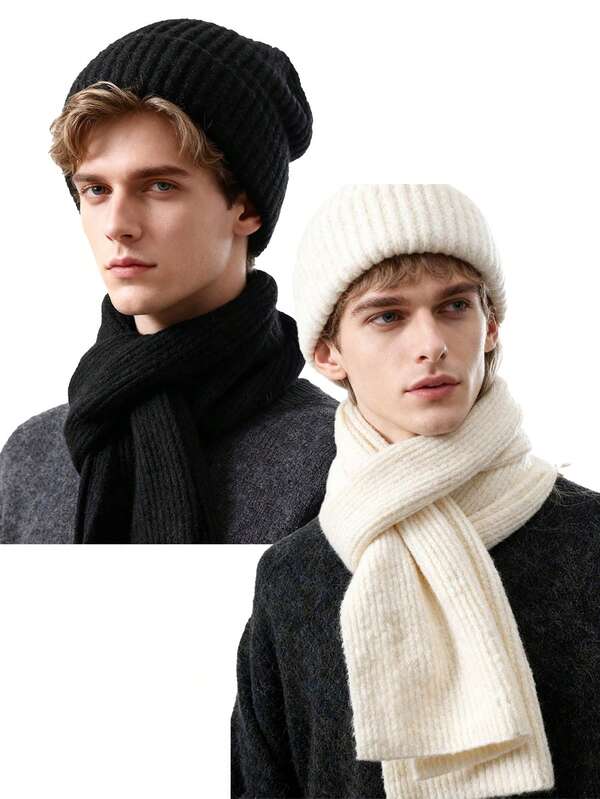 1 Set Of Solid Color Set, Men's Outdoor Cold Proof Woolen Hat+Scarf Warm Set, Autumn And Winter Cycling Versatile Knitted Cold Proof Set, Suitable For Daily Travel Wear