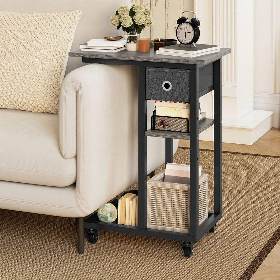 Yitahome C-Shaped End Table, Slim Sofa End Table With Fabric Drawer, Open Compartments And Lockable Wheels, Movable Side Table, Grey Wood -By GeoTower