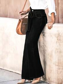 新款女士简约腰带环直筒弹力牛仔裤 - 黑色 - 查看 5