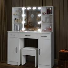 Modern Dressing Table Vanity Desk With LED Lighted Mirror, Stool, Drawers, Cabinet, Open Multi-Level Shelves, 3 Color Brightness Adjustable, Makeup Vanity Desk Set LED Mirror For Girls Bedroom - Christmas Holiday Gift, Thanksgiving Gift - White - View 7