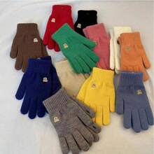 女士可爱小熊刺绣触屏手套，保暖加厚露指手套，冬季必备