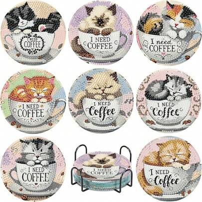 8pcs/Set Animal Cat Pattern Diamond Painting Coaster Set, Sparkling Rhinestone Heat-Resistant Drink Coasters With Holder, DIY Coaster Craft Supplies, Artificial Diamond Art Craft Supplies Gift