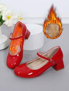 Autumn/Winter Plush Lined New Evening Dress Pumps, Glossy Patent Leather Women's Thick Heel Round Toe Red High Heels. Instep Strap Buckle Mary Jane Women's Shoes, Comfortable Indoor Outdoor Party Flats, Soft Fleece Lining Bohemian Style Red High Heel Women's Shoes - Đỏ - Xem 5