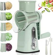 Rotary Cheese Grater With Handle, Manual Vegetable Slicer Grater With 5 Detachable Stainless Steel Blades, Round Grater Slicer Hand Crank Food Chopper For Kitchen With Blade Storage Box,26345161 - 薄荷綠 - 查看 1