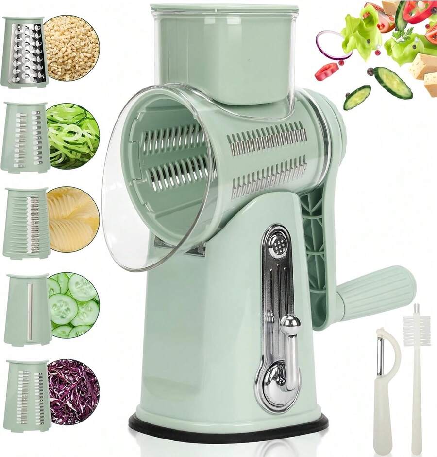 Rotary Cheese Grater With Handle, Manual Vegetable Slicer Grater With 5 Detachable Stainless Steel Blades, Round Grater Slicer Hand Crank Food Chopper For Kitchen With Blade Storage Box,26345161 - 薄荷綠 - 查看 1