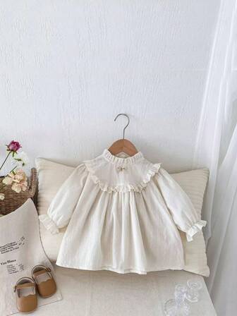 新款春秋季女童蕾丝边镂空长款上衣，公主风休闲宽松长款上衣，带蝴蝶结