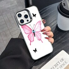 Colorful Silver Apple Phone CasePink Butterfly With Light Blue Bow Three Black ButterfliesCompatible With  11 To  17 Models The Cases Lens Protection Function Ensures The Camera Remains Undamaged During Shooting  Guaranteeing Image Quality - Black - View 2