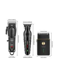 HIENA 三件套男士理容套装,包含胡须修剪器、无线电动理发器和造型工具。男士理发、胡须和鬓角修剪工具,支持 USB 充电,三件套或单品可选。黑色机身,配件丰富,包装精美,是节日送礼的理想之选。 - 黑色 - 查看 7
