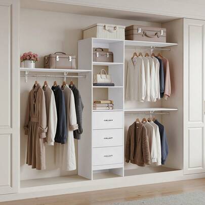 Closet System With 3 Drawers, Adjustable Height Wooden Closet Organizers, Modern Walk-In Wardrobe Organization With 3 Retractable Clothes Hanger Rods, Freestanding Garment Rack Storage, White