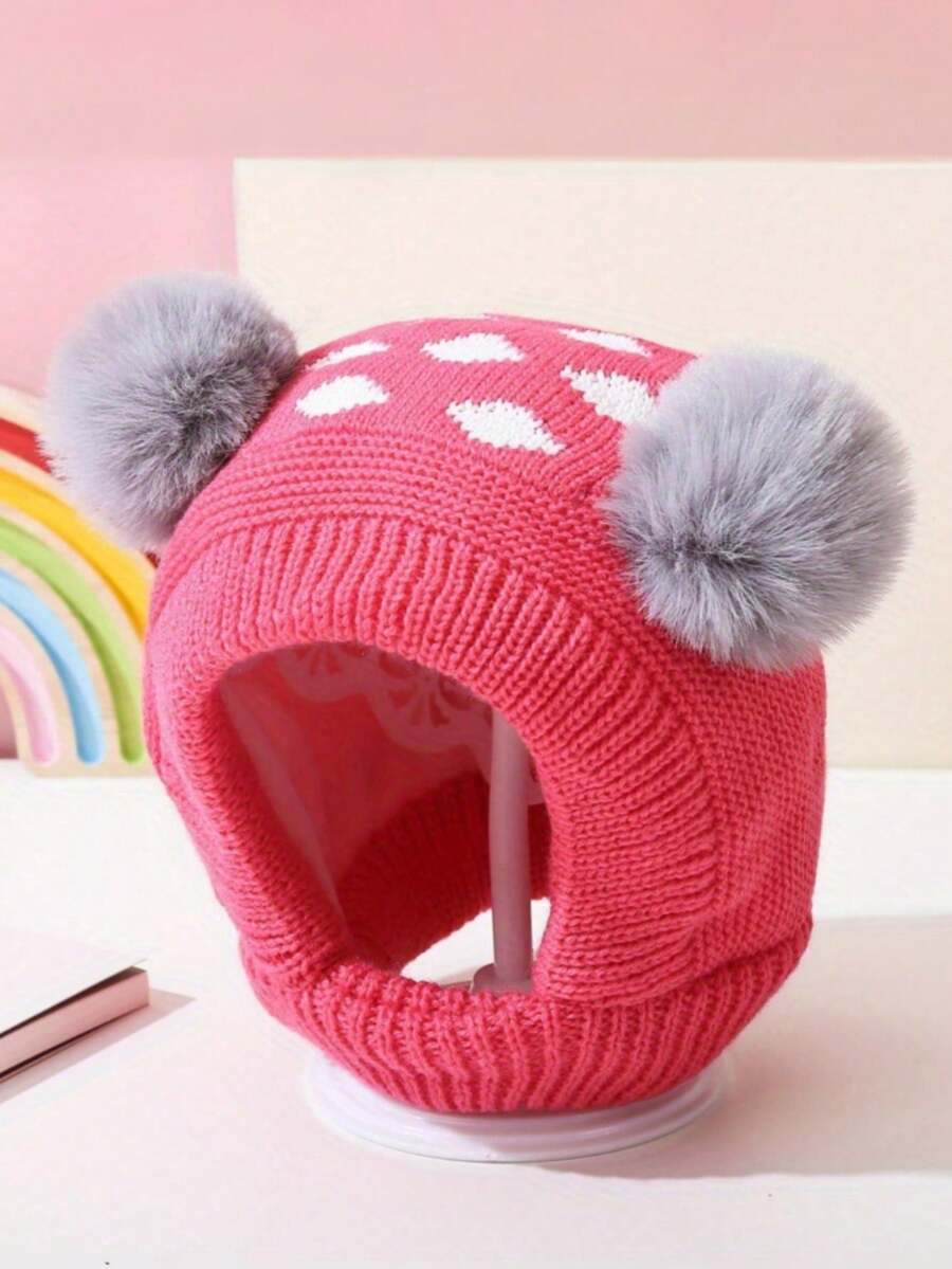 儿童秋冬护耳帽，男女通用婴儿防风雪帽，带双绒球，针织保暖帽 - 1PC - 查看 1